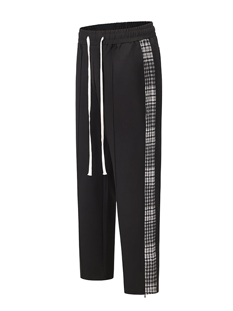 Checked Webbing String Label Straight Slit Sweatpants