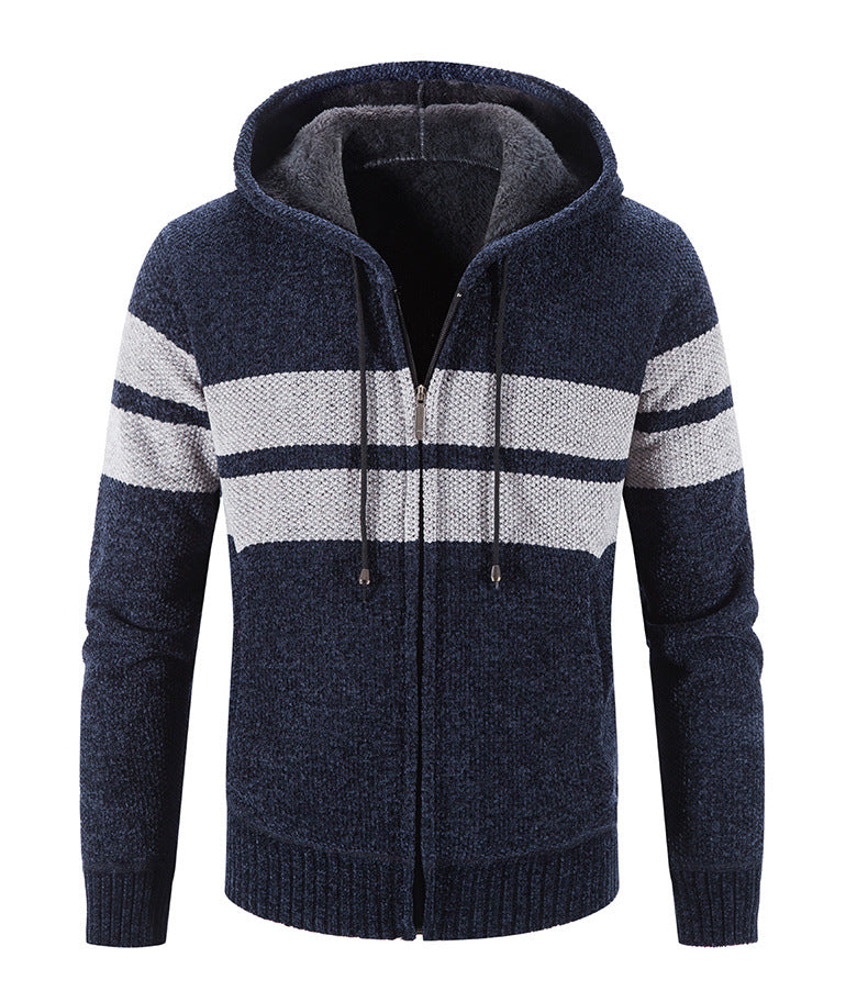 Maglione cardigan casual in velluto con cappuccio a righe color-block