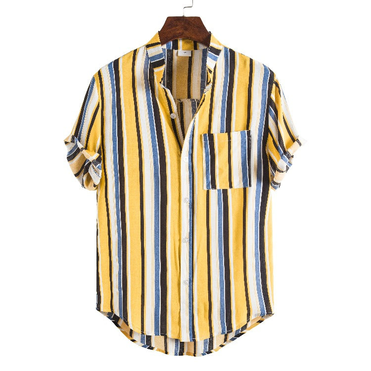 Striped Short Sleeve Casual Stand Collar Shirt