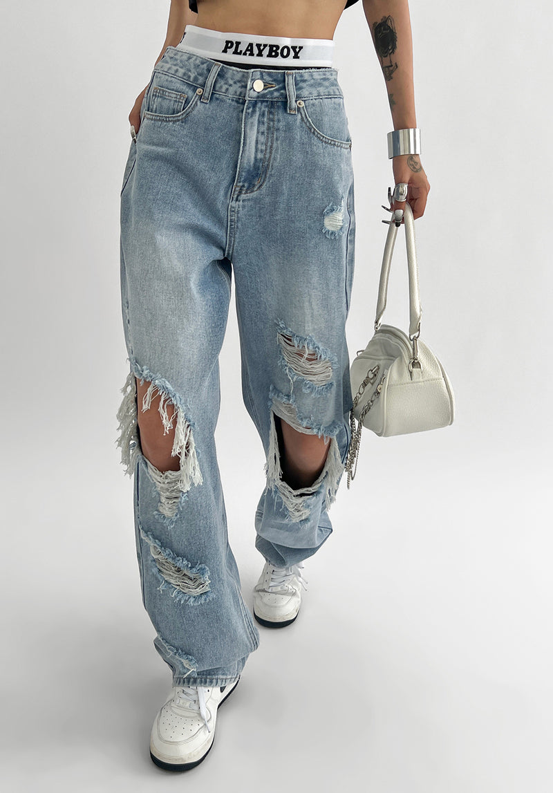 Light Blue Thin Ripped Jeans For Women