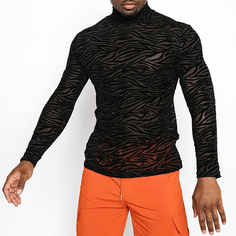 Men's Casual See-through Turtleneck Long Sleeve t-shirt