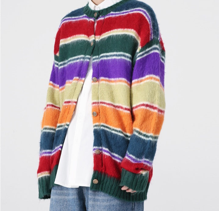 Retro Contrast Color Rainbow Striped Cardigan Knitted Sweater For Men