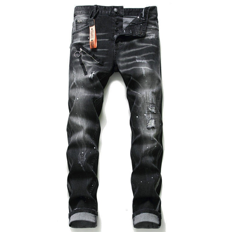 mens denim zipper blue hole Pencil Pants