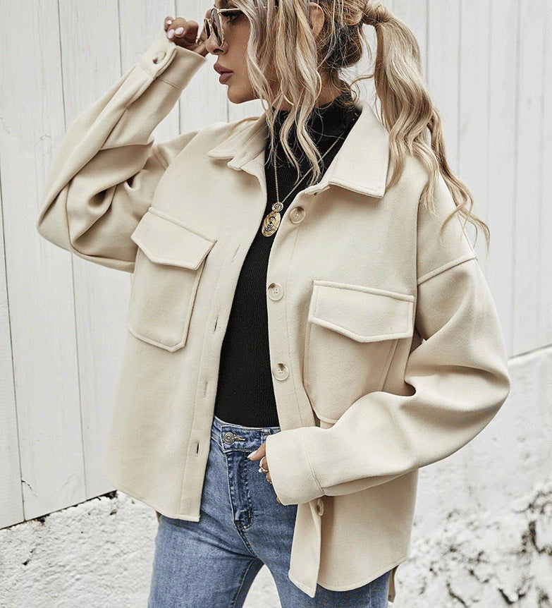 Women Lapel Single-breasted Thickened Solid Color Jacket