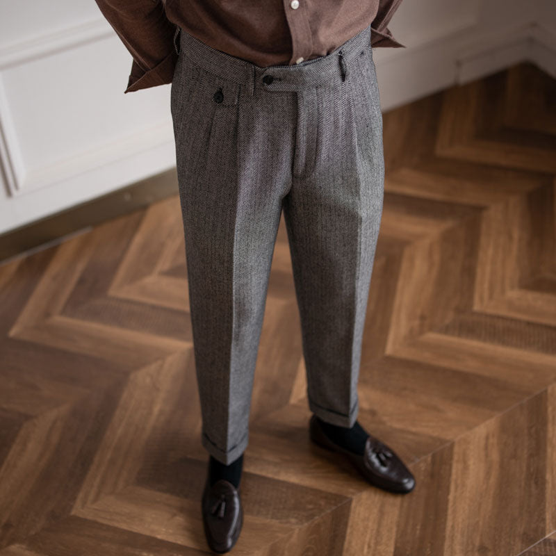 Herringbone Wool Suit Pants Men's High Waist Straight pants