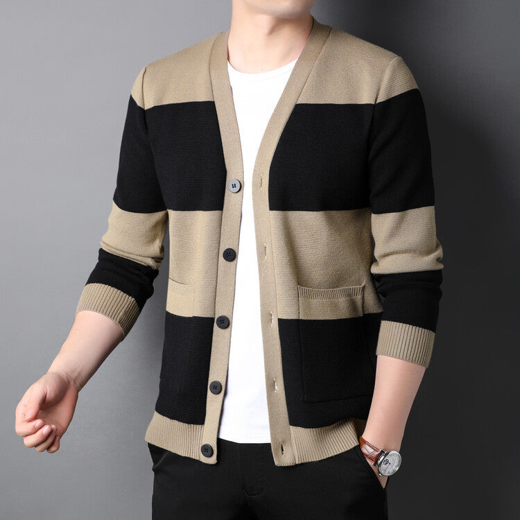 Spring And Autumn Men's Striped Cardigan Single-breasted Sweater Coat