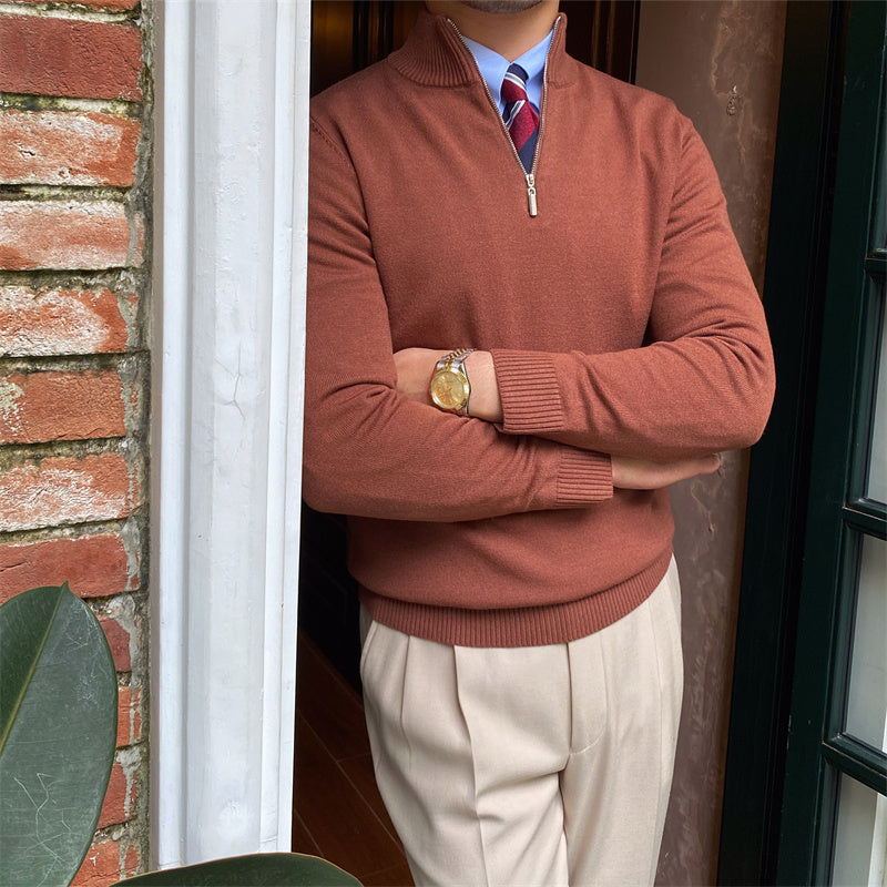 Men's Stand-up Collar Zipper Knit Long-sleeved Sweater