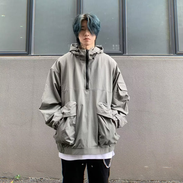 Loose Half Zip Windbreaker Workwear Hooded Jacket