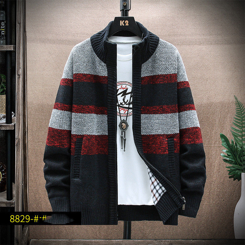 Stand-up Collar Striped Men's Plus Fleece Sweater