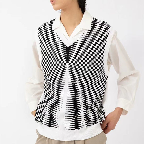 Chaleco suéter retro japonés con cuello en V abstracto