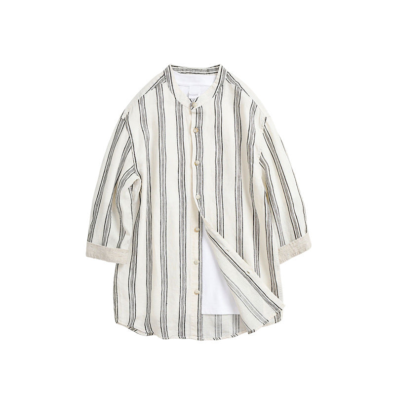 Retro Stand Collar Striped Casual Loose Linen 3/4 Sleeve Shirt