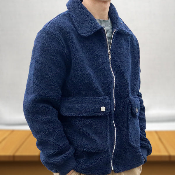 Men's Solid Color Double Pocket Lamb Wool Jacket