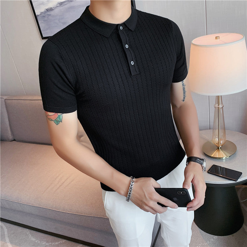 Dark Stripe Hollow Knitted Short Sleeve T-shirt