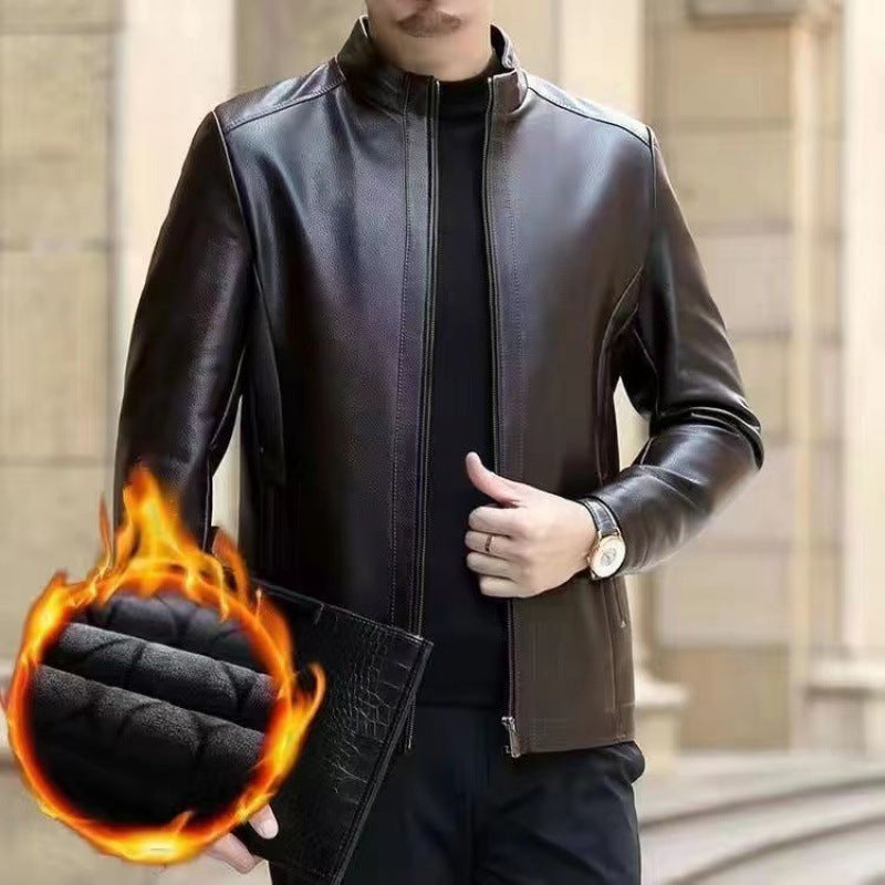 Stand Collar Fleece-lined leather jacket men