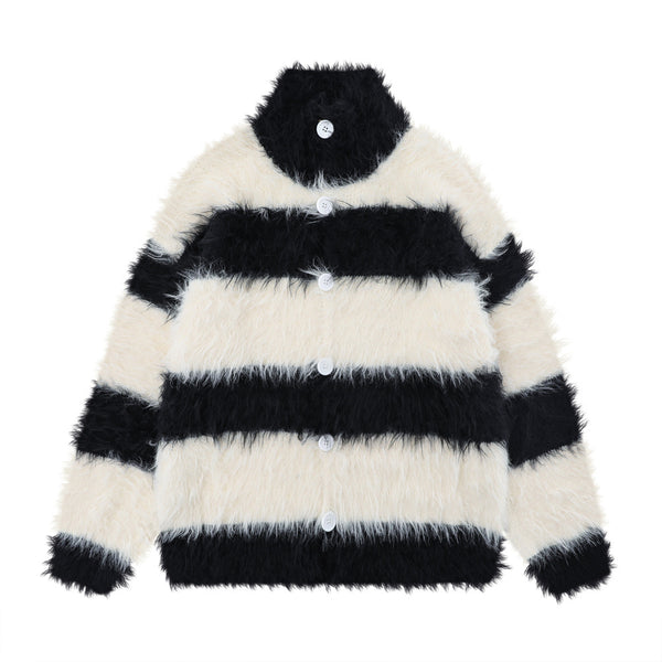 Striped With Fleece Lining Brushed Stand Collar Sweater