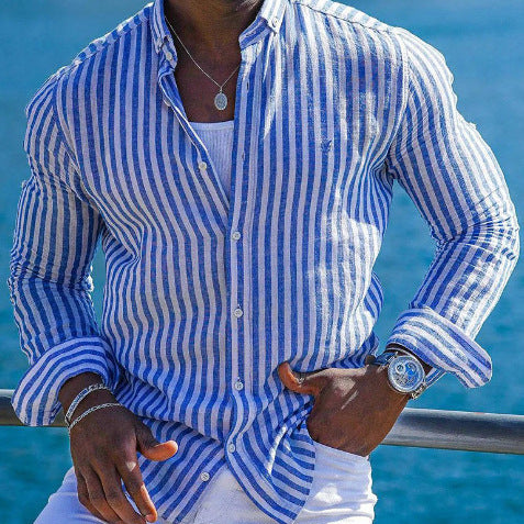 Summer striped Lapel Long Sleeve Shirt