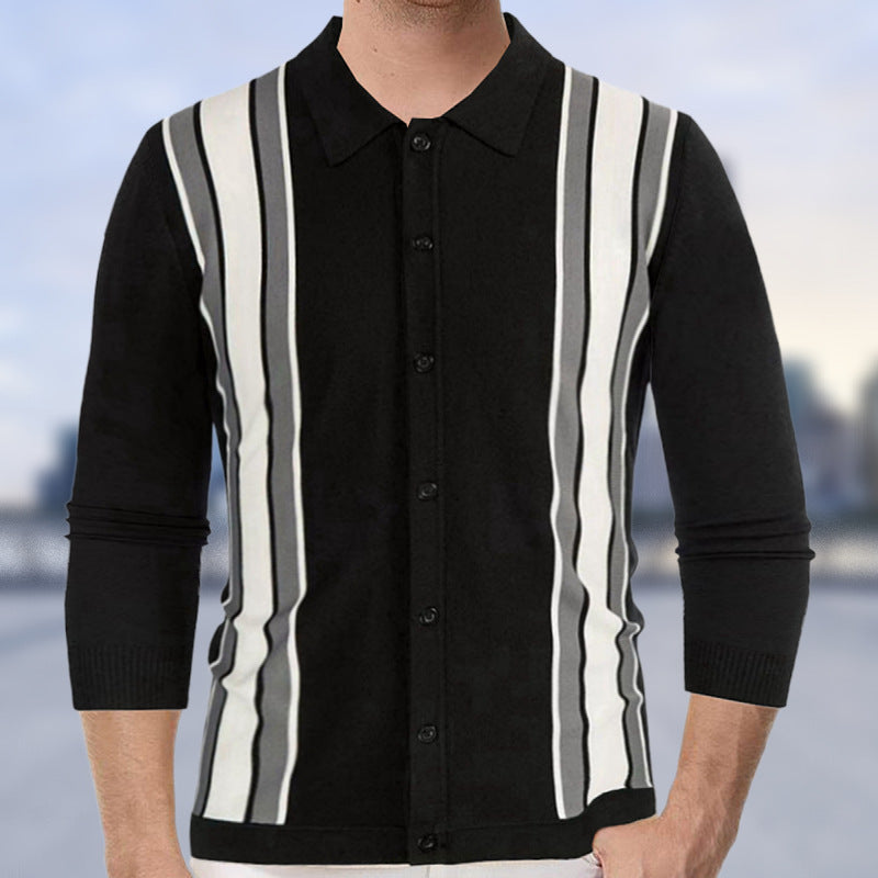 Men's Spring Thin Knitted Stripe Splicing Shirt