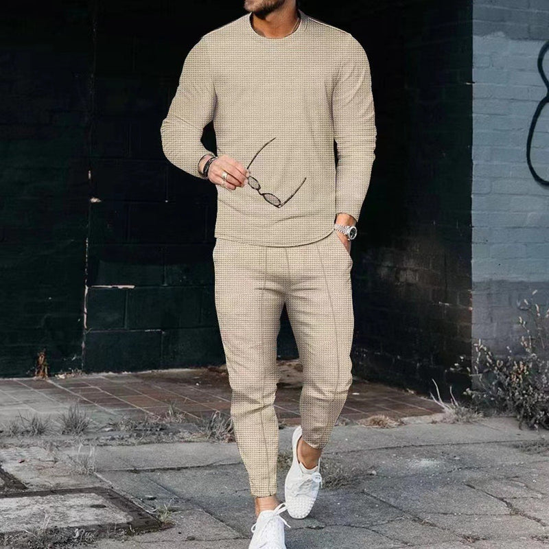 Men's Casual Waffle Long Sleeve Round Neck summer Suit