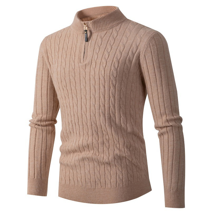 Men's Thick Twist Sweater Zipper Half Open High Collar Warm Sweater