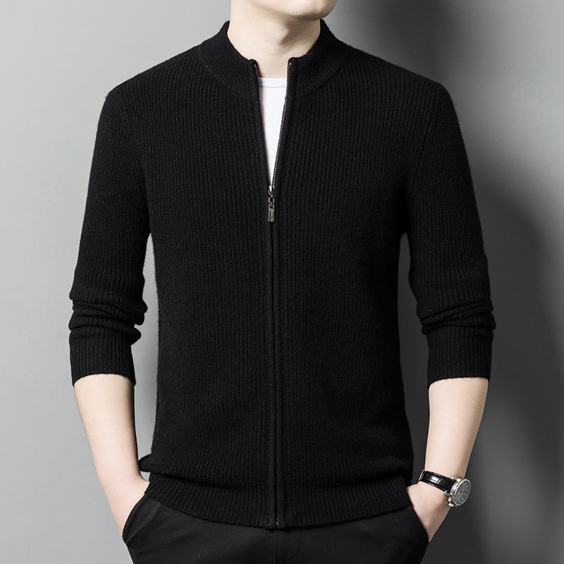 Casual Solid Color Stand Collar Zipper Knitted Cardigan sweater