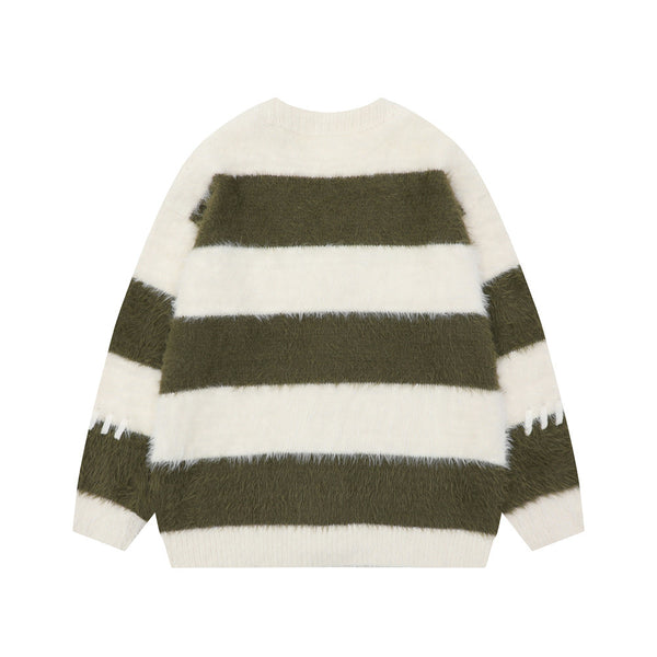 Contrast Color Striped Mink-like V-neck Sweater coat