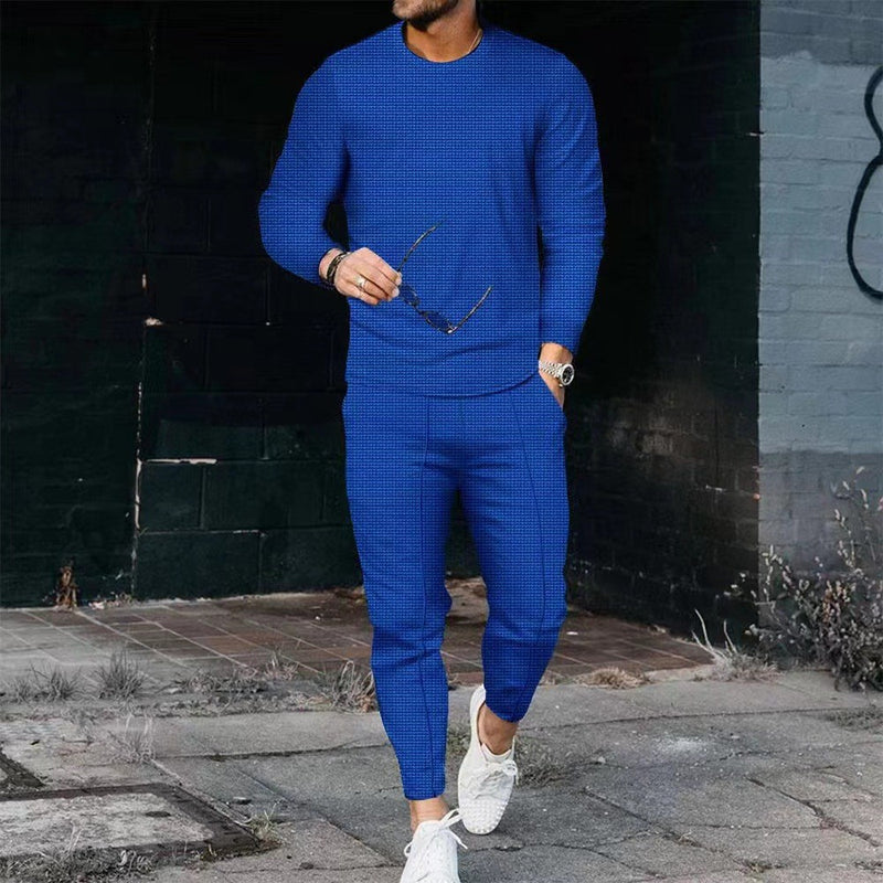 Men's Casual Waffle Long Sleeve Round Neck summer Suit