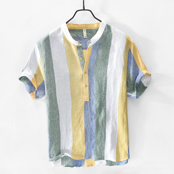 Men's Short Sleeve Linen Shirt Stand Collar Pullover shirt