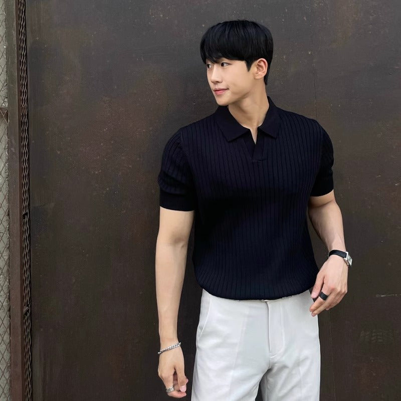 Summer Stripes Short Sleeve POLO Shan Men's Korean Slim Fit Lapel t-shirt