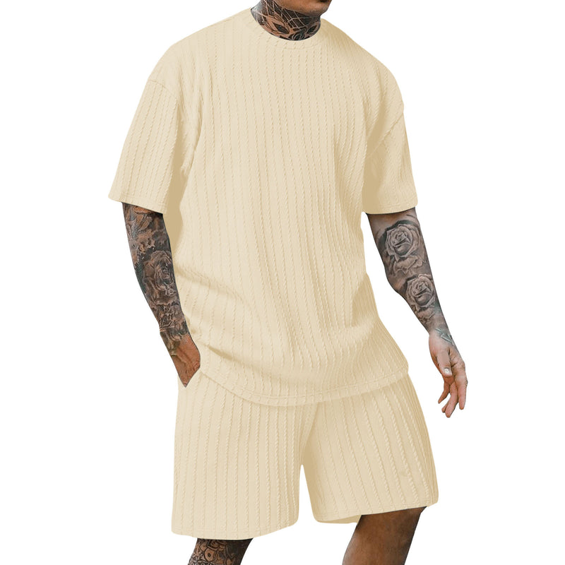 Men's Round Neck Pullover Vertical Pattern Two-piece summer Set