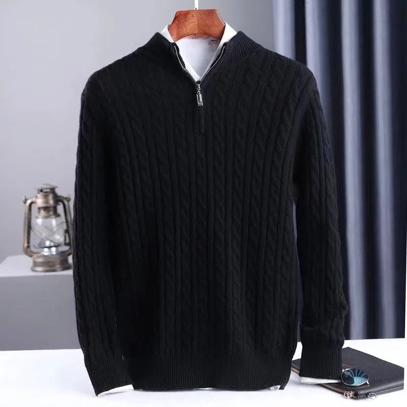 Men's Thick Twist Sweater Zipper Half Open High Collar Warm Sweater