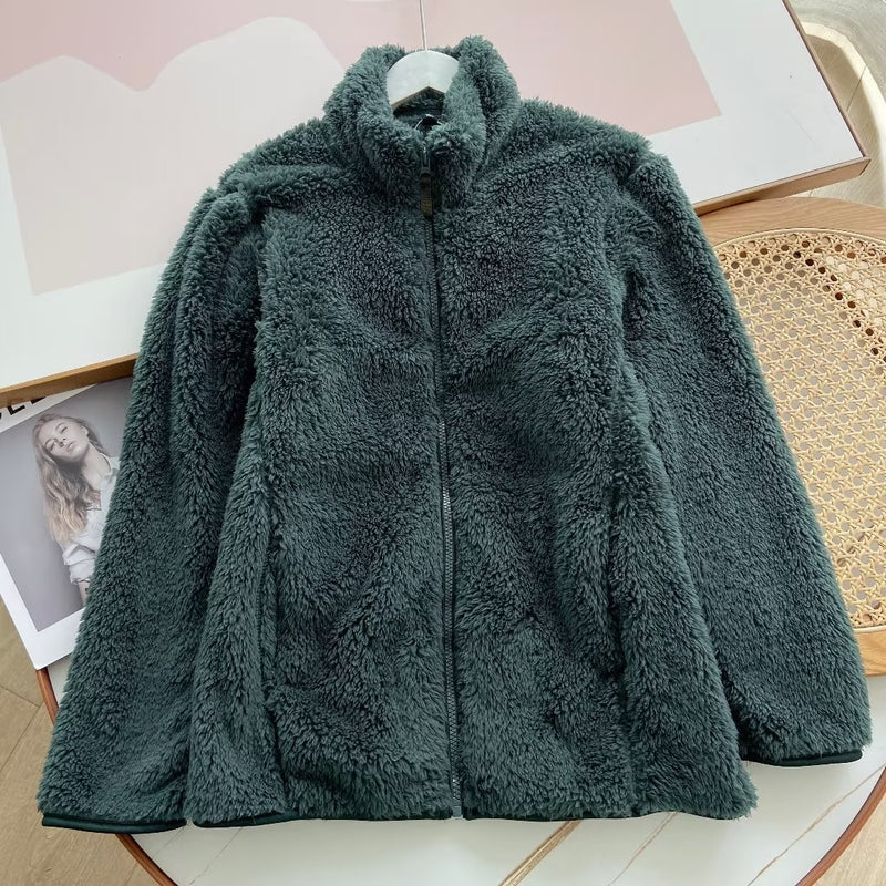 Men's Long Fleece Zipper Pure Warm Stand Collar Jacket