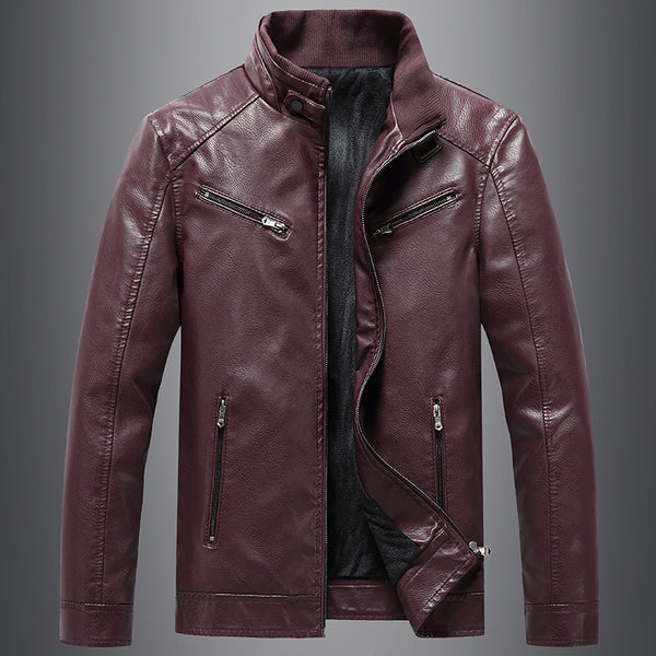 Men's Padded Coat Stand Collar PU Leather Jacket