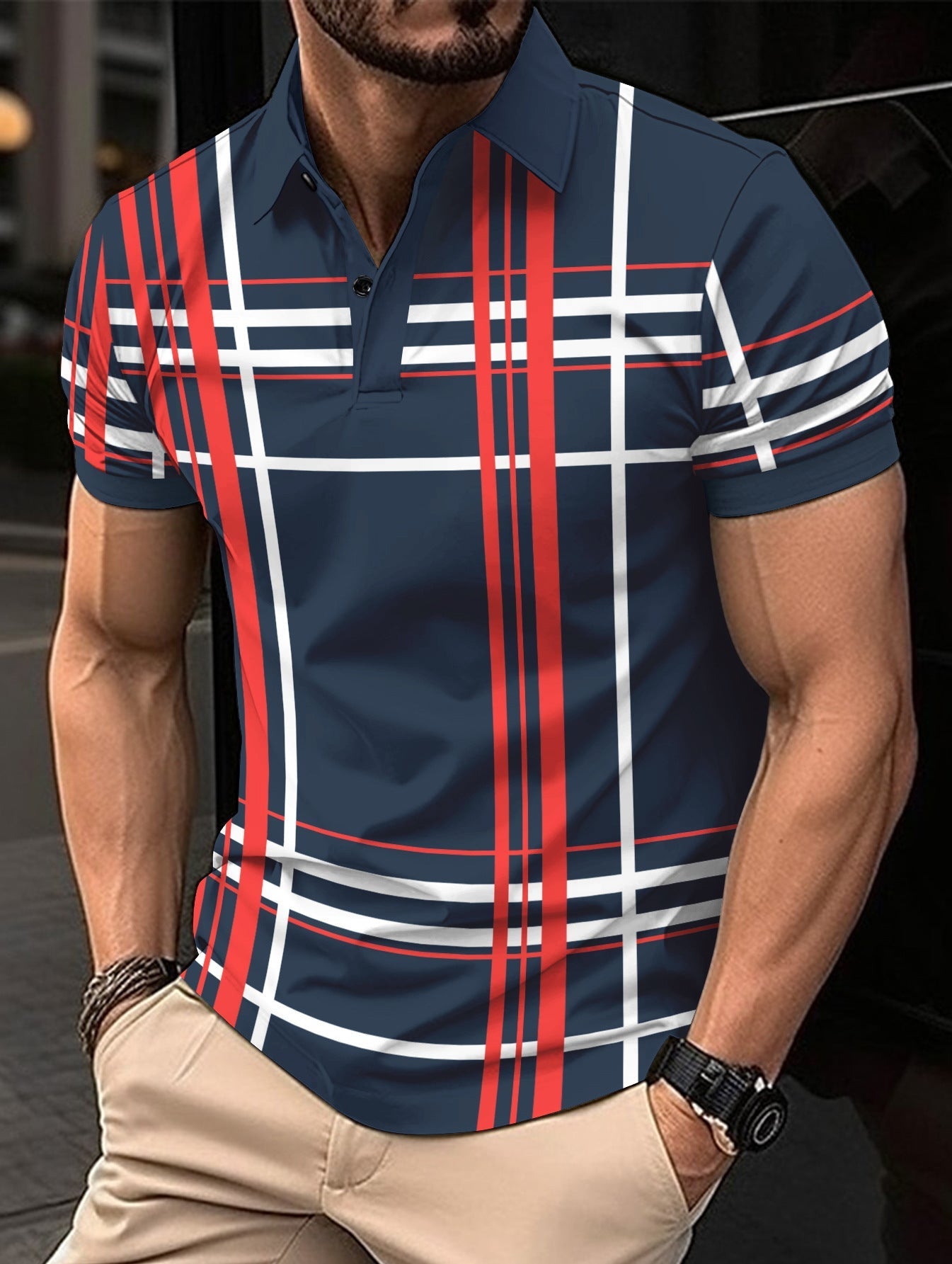 Men's Printed Lapel Button Sport Short Sleeved t-Shirt