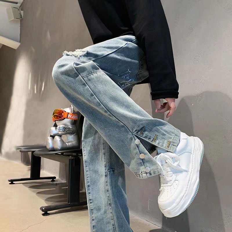 Men's Letter Embroidery Loose Straight Pants