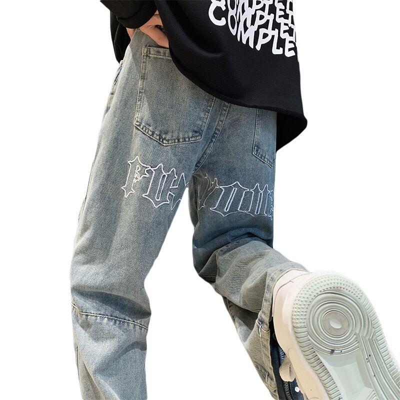 Men's Letter Embroidery Loose Straight Pants