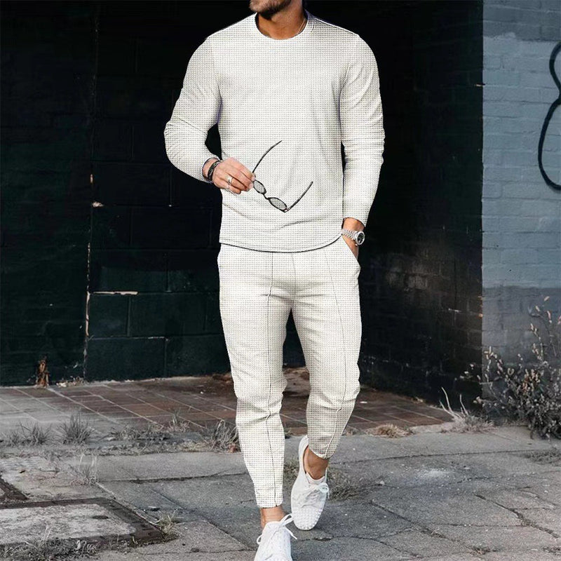 Men's Casual Waffle Long Sleeve Round Neck summer Suit