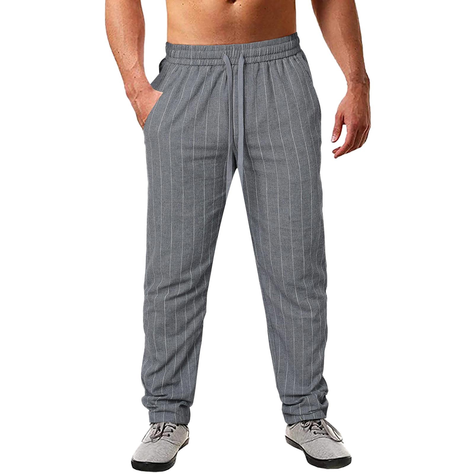 Men's Vertical Stripe Lace Elastic Waist Cotton Linen pants