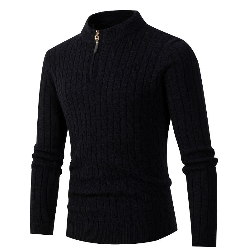 Men's Thick Twist Sweater Zipper Half Open High Collar Warm Sweater