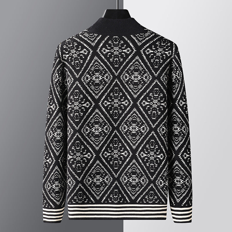 Spring And Autumn Jacquard Cardigan V-neck Sweater Men