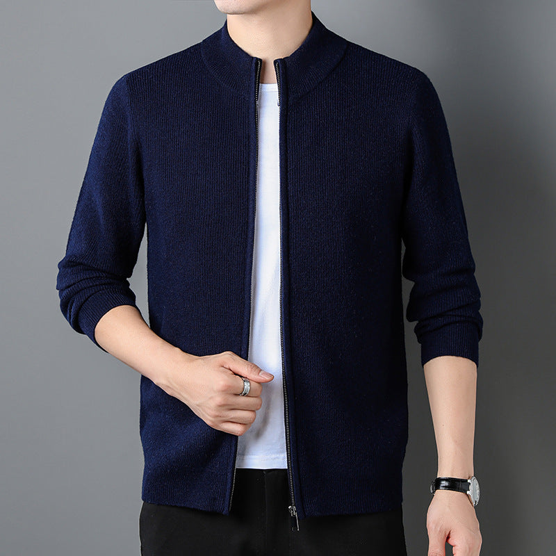 Casual Solid Color Stand Collar Zipper Knitted Cardigan sweater