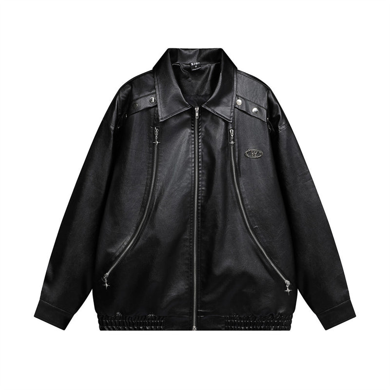 Men's Stitching Two-way Zipper Loose Cool PU Leather Jacket