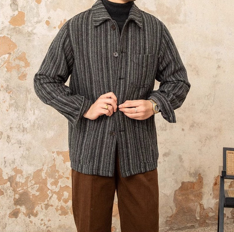 Parma Herringbone Striped Wool Blend Work Shirt Jacket