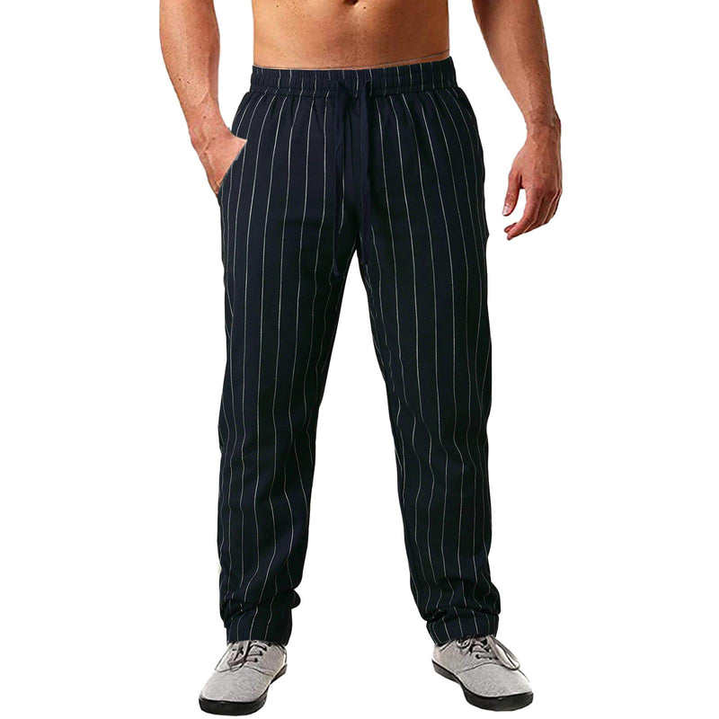 Pantalones de lino de algodón con cintura elástica y encaje a rayas verticales para hombre