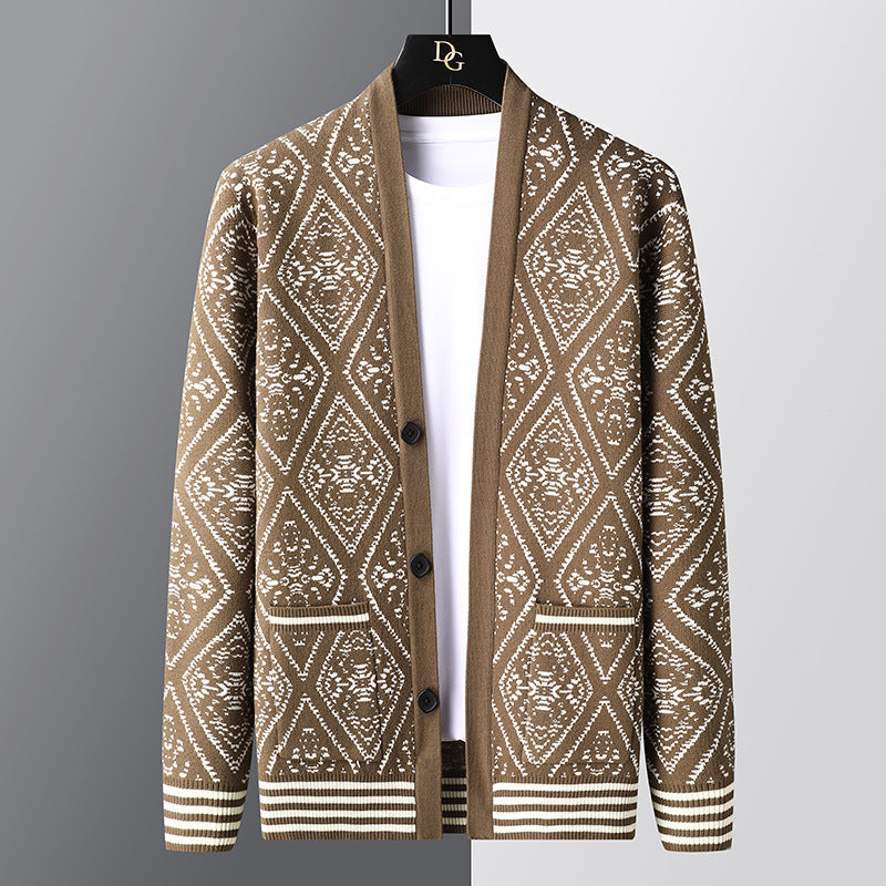 Cardigan con scollo a V in jacquard primaverile e autunnale da uomo