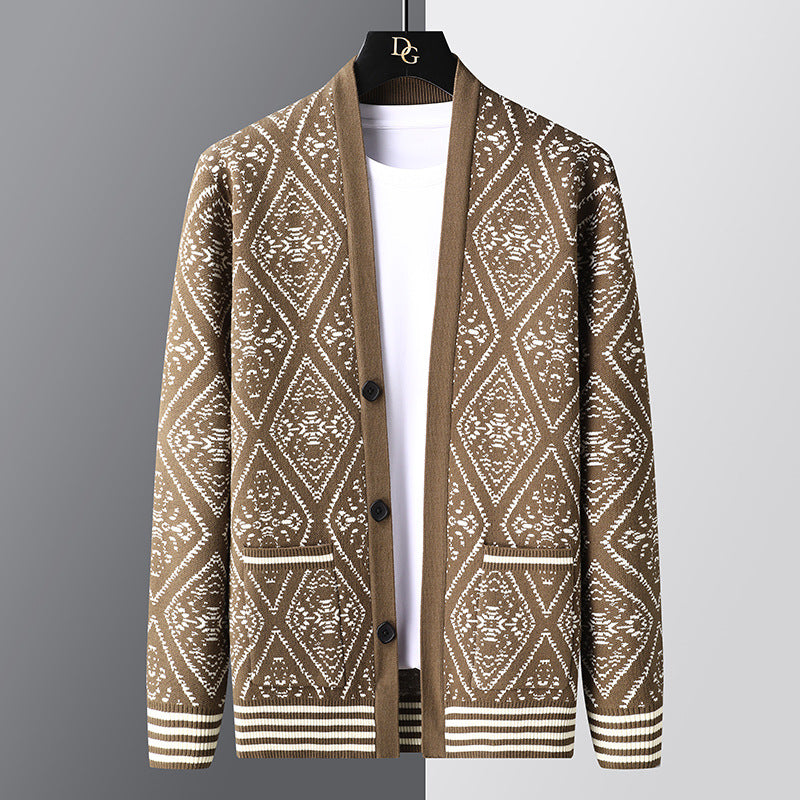 Spring And Autumn Jacquard Cardigan V-neck Sweater Men