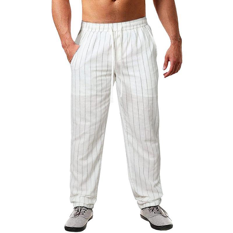 Pantalones de lino de algodón con cintura elástica y encaje a rayas verticales para hombre