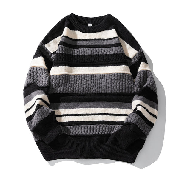 Striped Twisted Patchwork Round Neck Sweater For Men