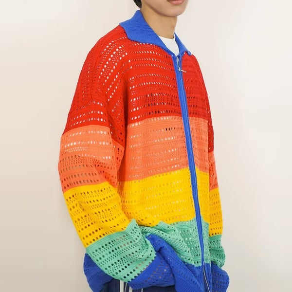 Colorful Striped Hollow Casual Hip Hop Lapel Cotton Knitwear sweater