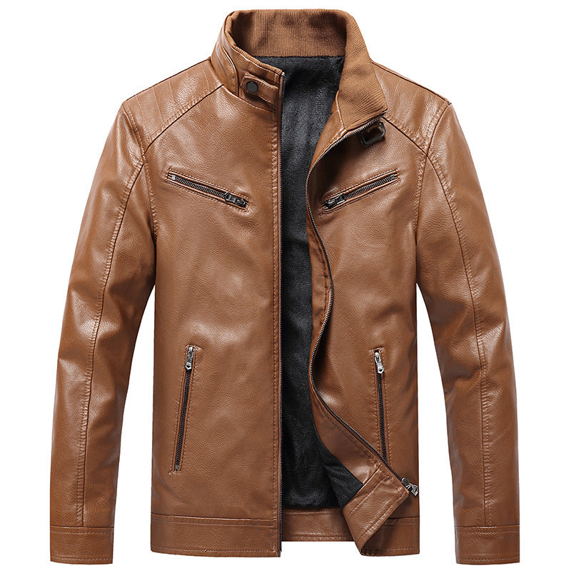 Men's Padded Coat Stand Collar PU Leather Jacket