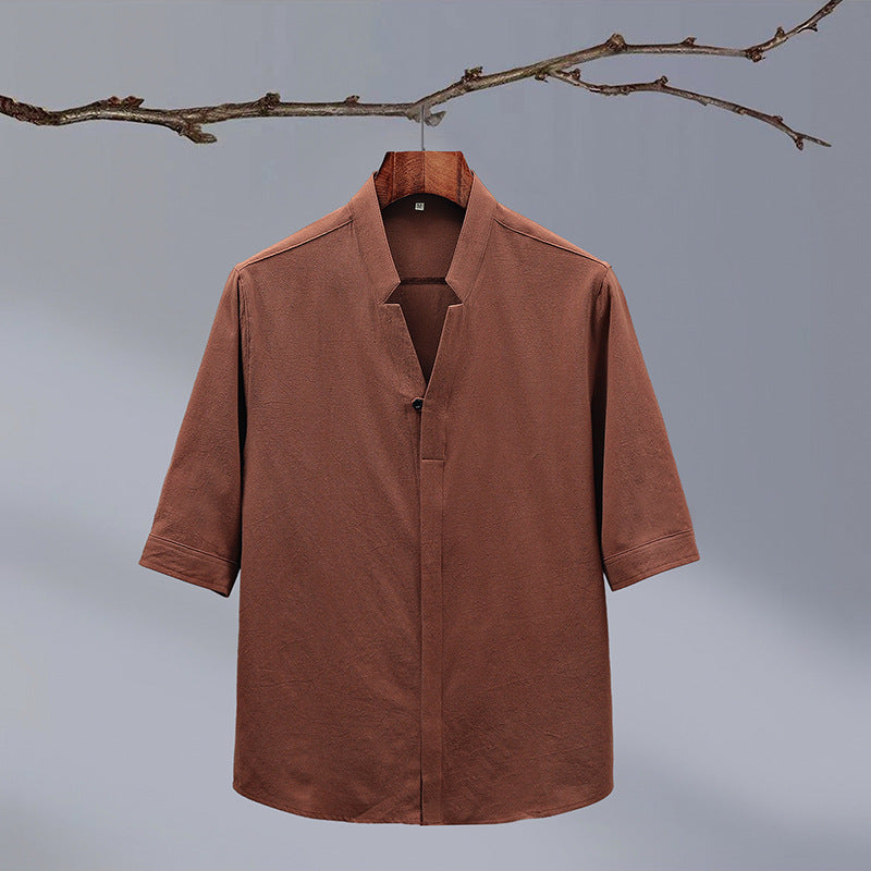 Men's Crepe Half-sleeved Stand-up Collar Shirt